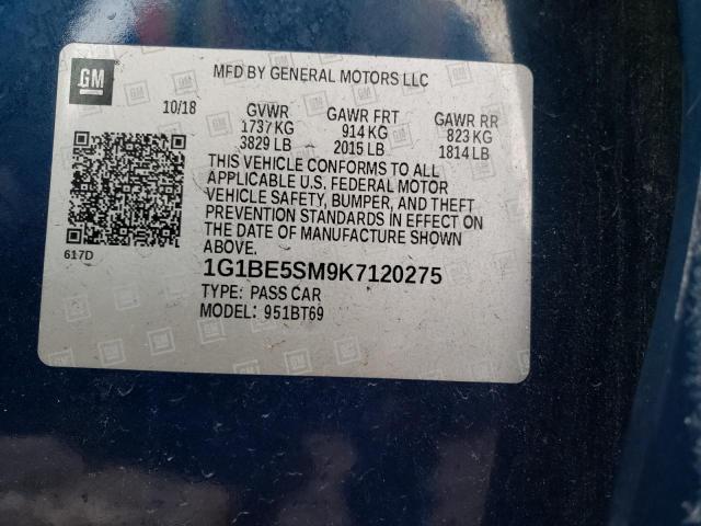 1G1BE5SM9K7120275 - 2019 CHEVROLET CRUZE LT BLUE photo 12