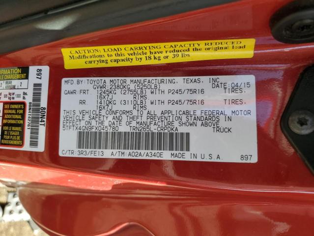 5TFTX4GN9FX045780 - 2015 TOYOTA TACOMA PRERUNNER ACCESS CAB RED photo 13