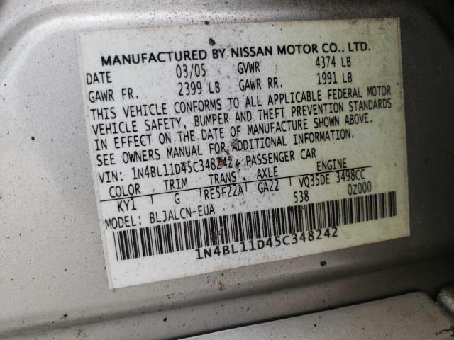 1N4BL11D45C348242 - 2005 NISSAN ALTIMA SE SILVER photo 12