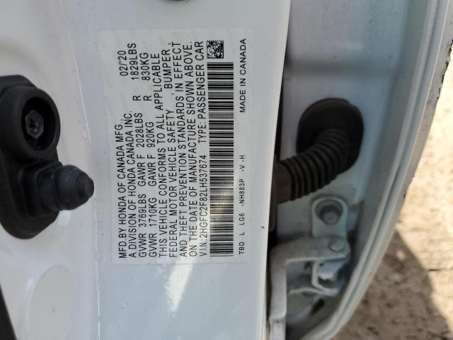 2HGFC2F82LH537674 - 2020 HONDA CIVIC SPORT WHITE photo 12