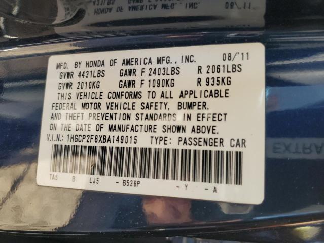 1HGCP2F8XBA149015 - 2011 HONDA ACCORD EXL BLUE photo 13