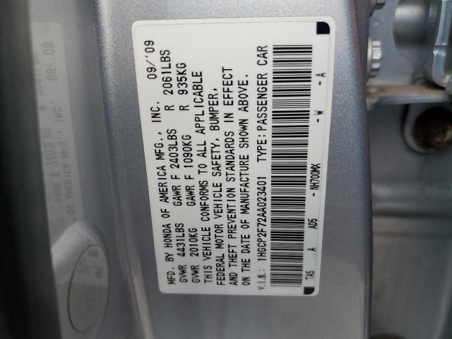 1HGCP2F72AA023401 - 2010 HONDA ACCORD EX SILVER photo 12