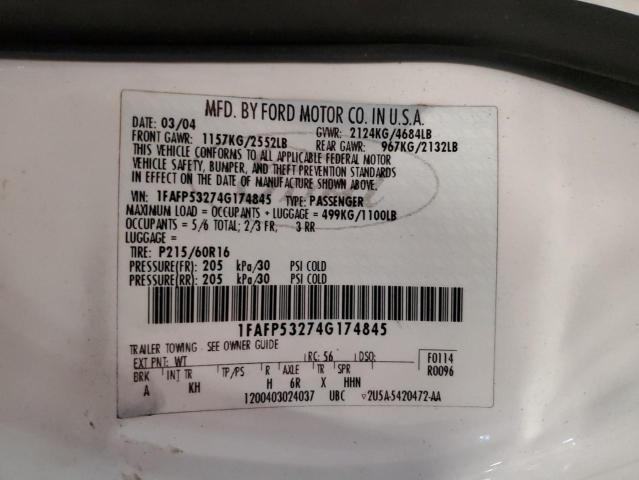 1FAFP53274G174845 - 2004 FORD TAURUS SE WHITE photo 12