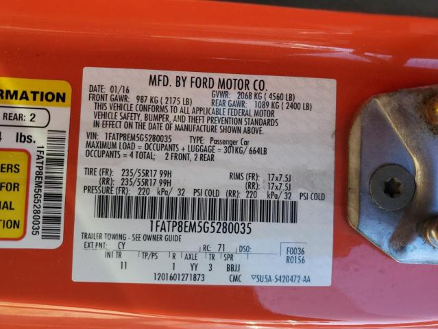 1FATP8EM5G5280035 - 2016 FORD MUSTANG ORANGE photo 12