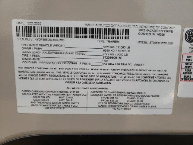 4YDF35520L1532465 - 2020 KEYSTONE SPRINTER BEIGE photo 10