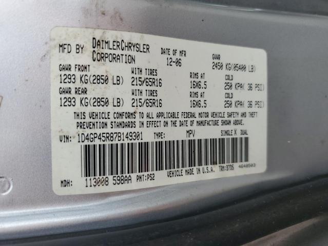 1D4GP45R87B149301 - 2007 DODGE CARAVAN SXT SILVER photo 13