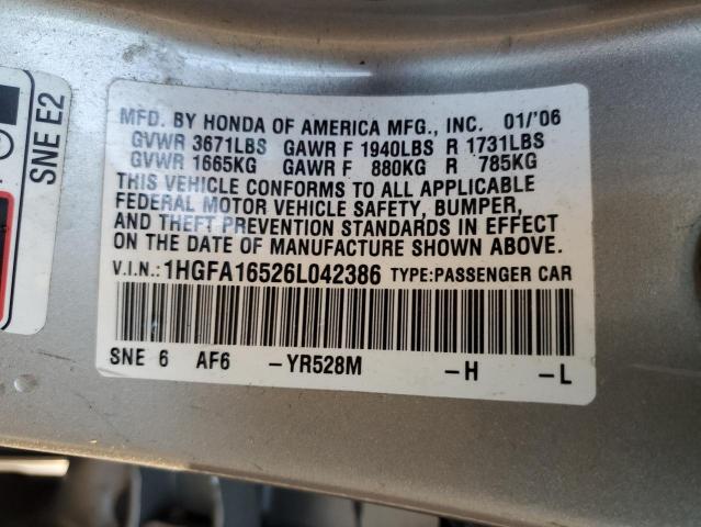 1HGFA16526L042386 - 2006 HONDA CIVIC LX SILVER photo 13