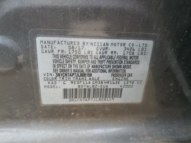 3N1CN7AP7JL808159 - 2018 NISSAN VERSA S GRAY photo 13