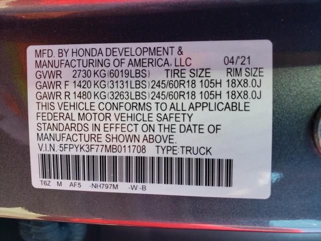 5FPYK3F77MB011708 - 2021 HONDA RIDGELINE RTL GRAY photo 13