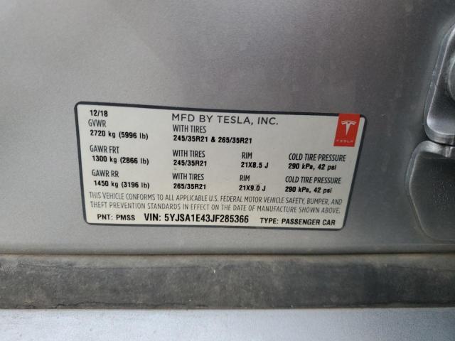 5YJSA1E43JF285366 - 2018 TESLA MODEL S Արծաթագույն լուսանկար 12