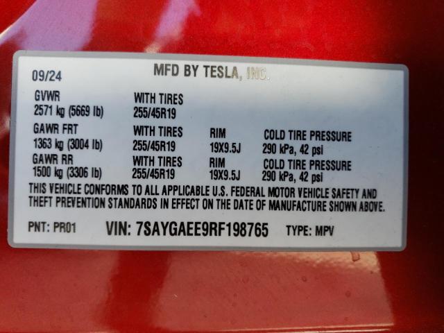 7SAYGAEE9RF198765 - 2024 TESLA MODEL Y RED photo 12