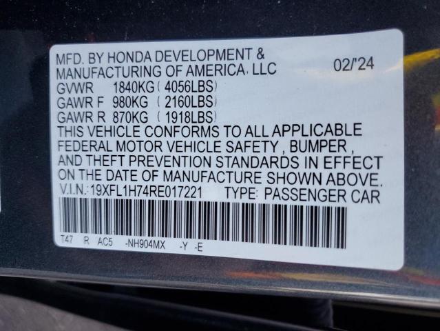 19XFL1H74RE017221 - 2024 HONDA CIVIC EXL ნაცრისფერი ფოტო 13