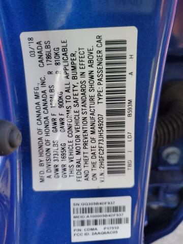 2HGFC2F73JH549207 - 2018 HONDA CIVIC EX BLUE photo 12