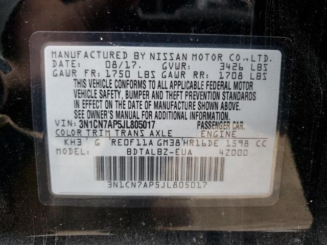 3N1CN7AP5JL805017 - 2018 NISSAN VERSA S BLACK photo 12