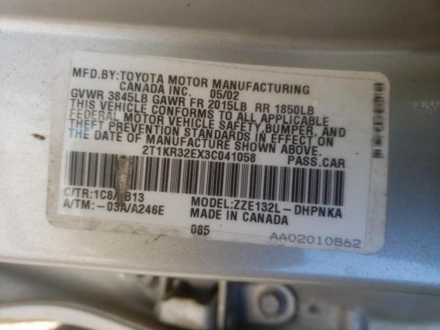 2T1KR32EX3C041058 - 2003 TOYOTA COROLLA MA XR SILVER photo 12