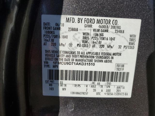 1FMCU9D71AKD31510 - 2010 FORD ESCAPE XLT GRAY photo 14