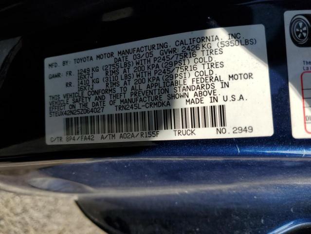 5TEUX42N25Z064027 - 2005 TOYOTA TACOMA ACCESS CAB Көк фото 12