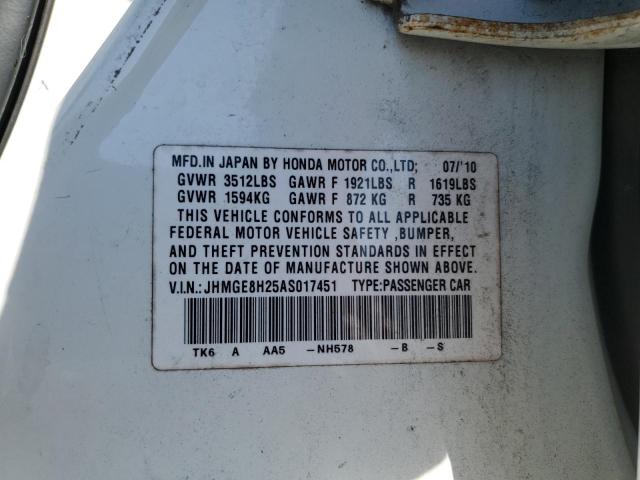 JHMGE8H25AS017451 - 2010 HONDA FIT WHITE photo 12