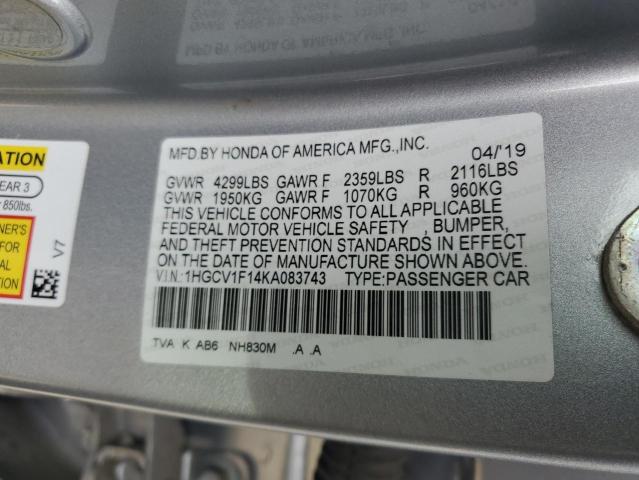 1HGCV1F14KA083743 - 2019 HONDA ACCORD LX SILVER photo 12