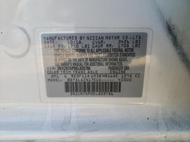 3N1CN7AP0KL828786 - 2019 NISSAN VERSA S WHITE photo 12