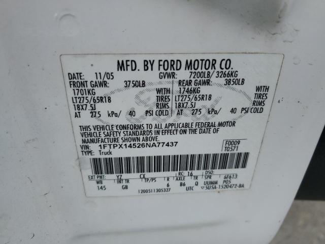 1FTPX14526NA77437 - 2006 FORD F150 WHITE photo 12