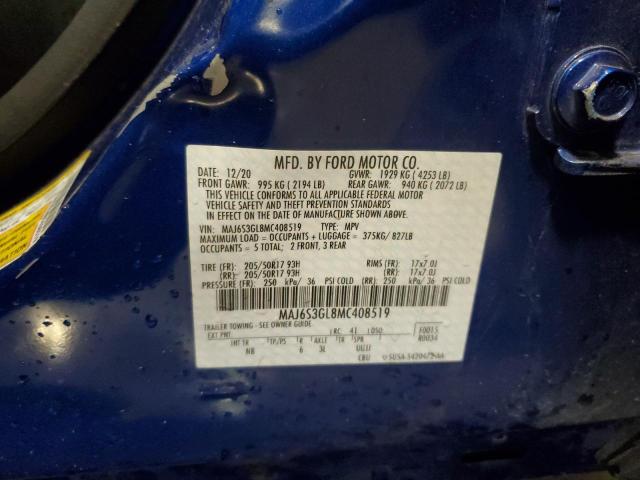 MAJ6S3GL8MC408519 - 2021 FORD ECOSPORT SE BLUE photo 12