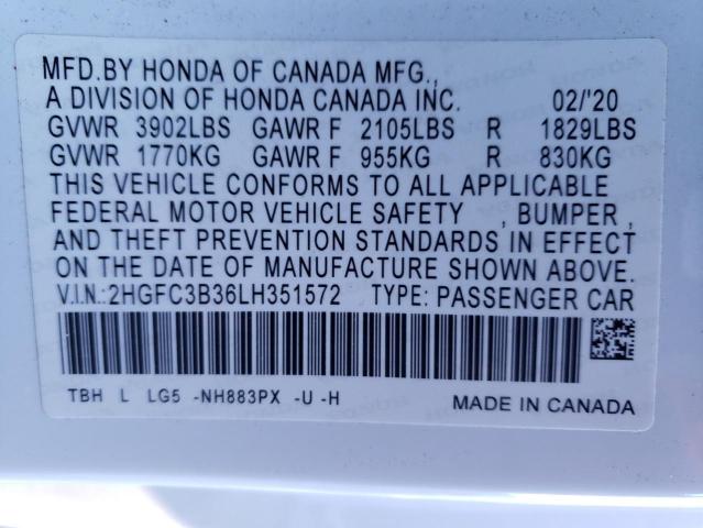 2HGFC3B36LH351572 - 2020 HONDA CIVIC EX WHITE photo 12