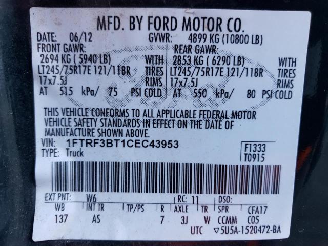 1FTRF3BT1CEC43953 - 2012 FORD F350 SUPER DUTY BLACK photo 12