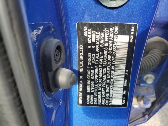 SHHFK7H9XLU205149 - 2020 HONDA CIVIC SPORT TOURING BLUE photo 12