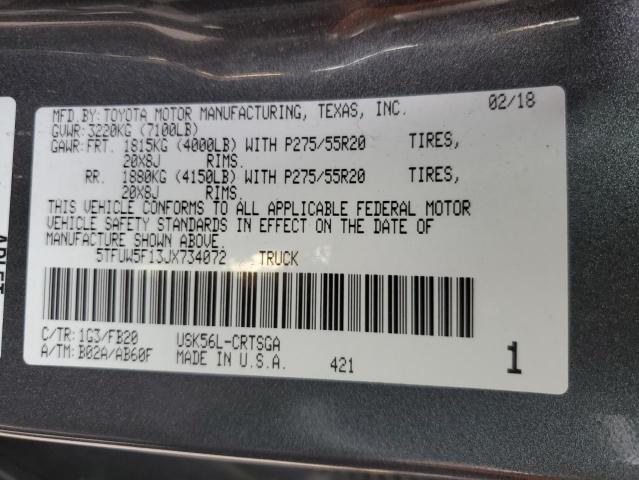 5TFUW5F13JX734072 - 2018 TOYOTA TUNDRA DOUBLE CAB SR/SR5 GRAY photo 12