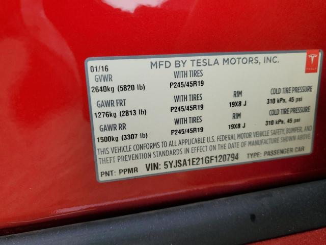 5YJSA1E21GF120794 - 2016 TESLA MODEL S 红色 照片 12