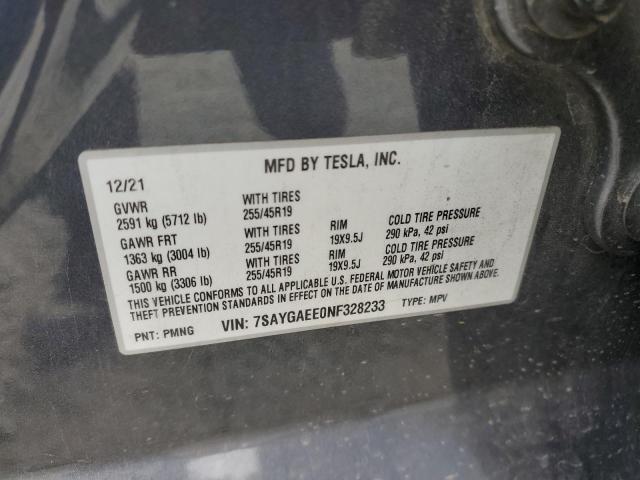 7SAYGAEE0NF328233 - 2022 TESLA MODEL Y GRAY photo 12