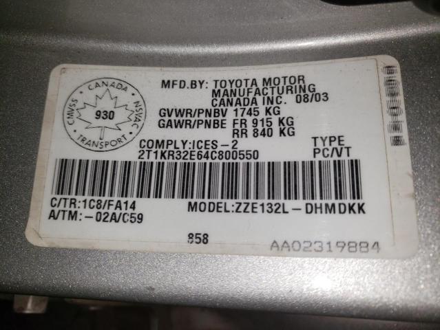 2T1KR32E64C800550 - 2004 TOYOTA COROLLA MA XR SILVER photo 12