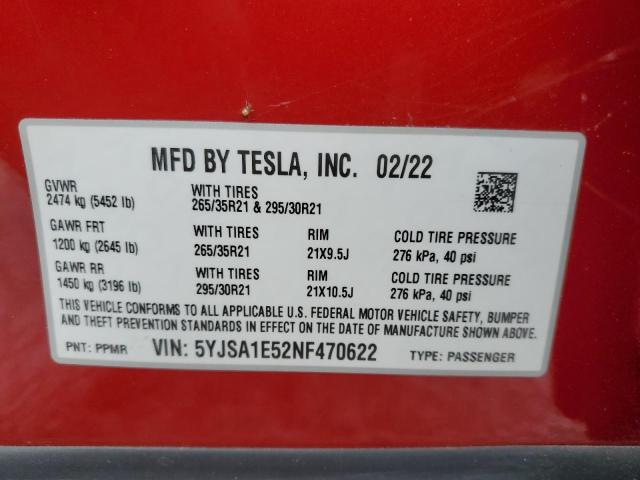 5YJSA1E52NF470622 - 2022 TESLA MODEL S RED photo 13
