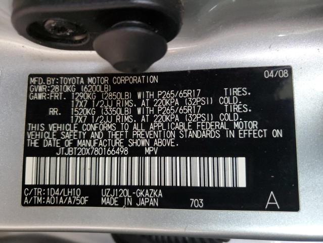 JTJBT20X780166498 - 2008 LEXUS GX 470 SILVER photo 13