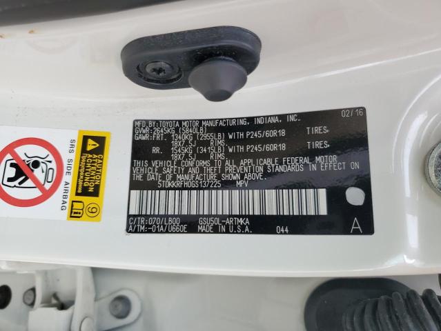 5TDKKRFH0GS137225 - 2016 TOYOTA HIGHLANDER XLE WHITE photo 13