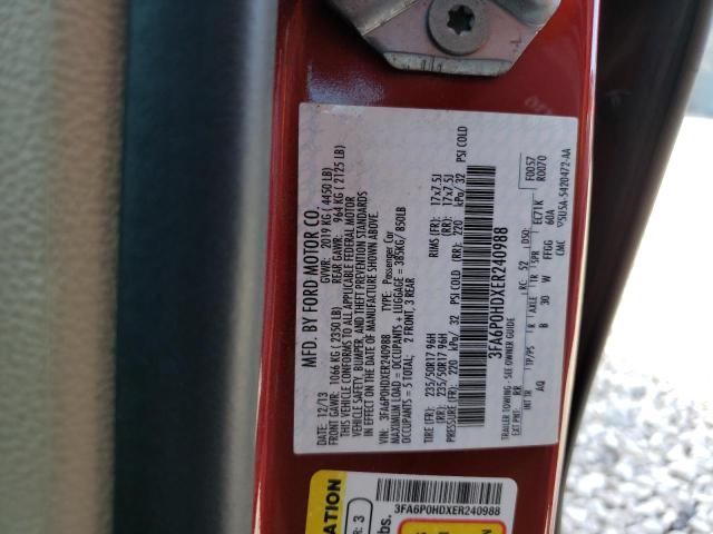 3FA6P0HDXER240988 - 2014 FORD FUSION SE RED photo 12