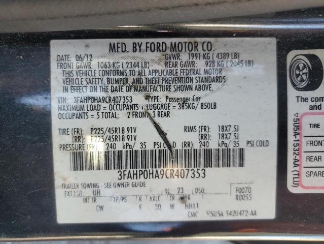 3FAHP0HA9CR407353 - 2012 FORD FUSION SE BLACK photo 13