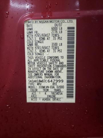 5N1AR18W87C647999 - 2007 NISSAN PATHFINDER LE RED photo 12
