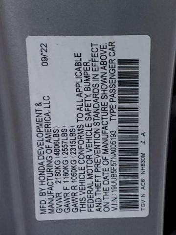 19UUB5F57NA005193 - 2022 ACURA TLX TECH A SILVER photo 12