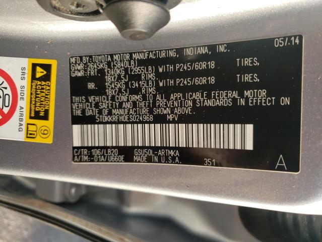 5TDKKRFH0ES024968 - 2014 TOYOTA HIGHLANDER XLE Gümüş foto 13