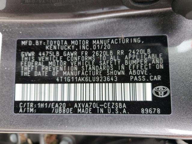 4T1G11AK6LU923643 - 2020 TOYOTA CAMRY SE GRAY photo 13