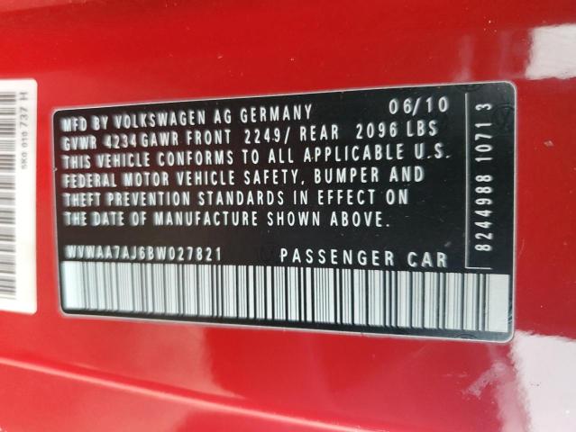 WVWAA7AJ6BW027821 - 2011 VOLKSWAGEN GOLF RED photo 13