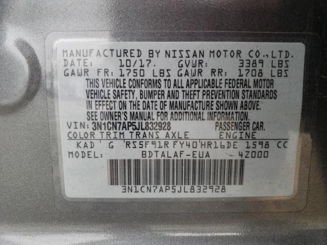 3N1CN7AP5JL832928 - 2018 NISSAN VERSA S GRAY photo 13