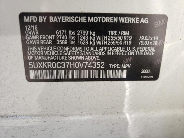 5UXKR0C37H0V74352 - 2017 BMW X5 XDRIVE35I WHITE photo 13