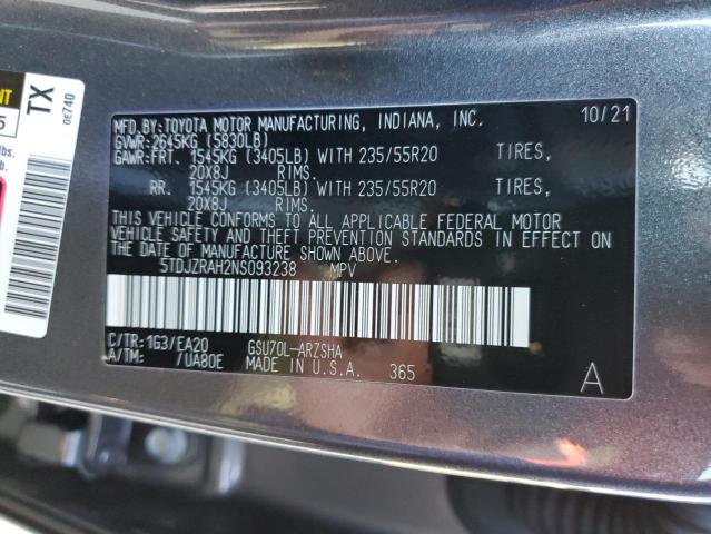 5TDJZRAH2NS093238 - 2022 TOYOTA HIGHLANDER XSE GRAY photo 13