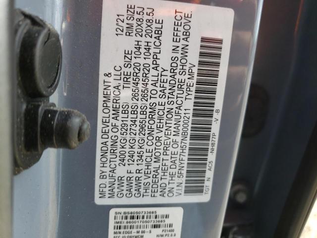 5FNYF7H57NB000211 - 2022 HONDA PASSPORT EXL BLUE photo 13