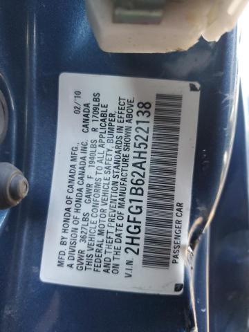 2HGFG1B62AH522138 - 2010 HONDA CIVIC LX BLUE photo 12