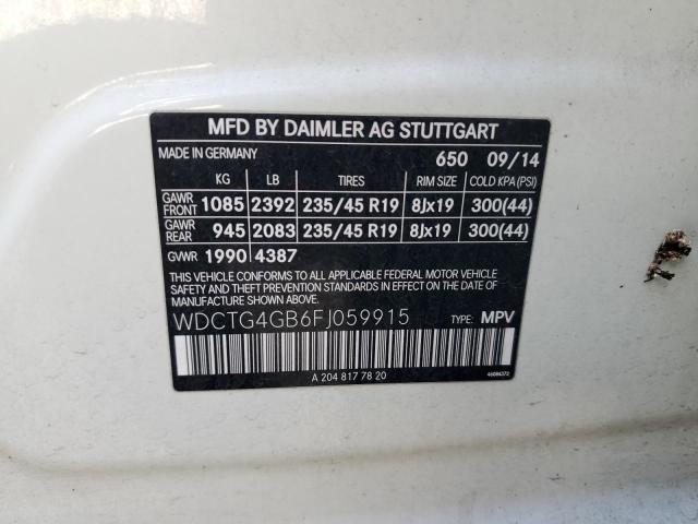 WDCTG4GB6FJ059915 - 2015 MERCEDES-BENZ GLA 250 4MATIC WHITE photo 12