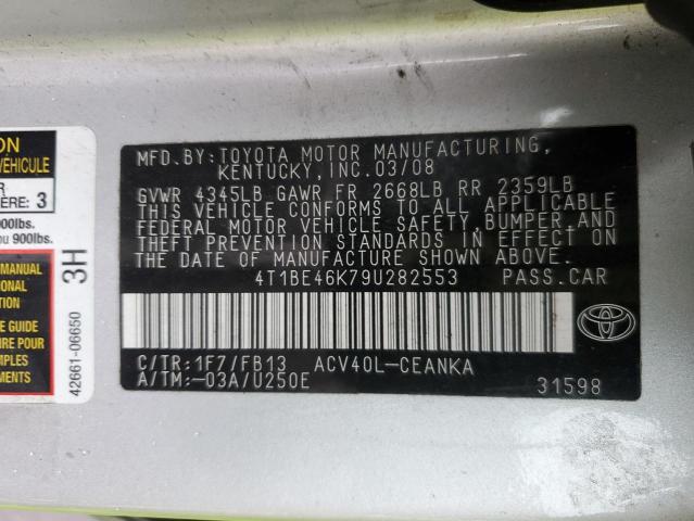 4T1BE46K79U282553 - 2009 TOYOTA CAMRY BASE SILVER photo 12